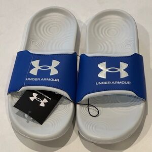 NEW Under Armour Boys Blue White Classic Slip On Slides